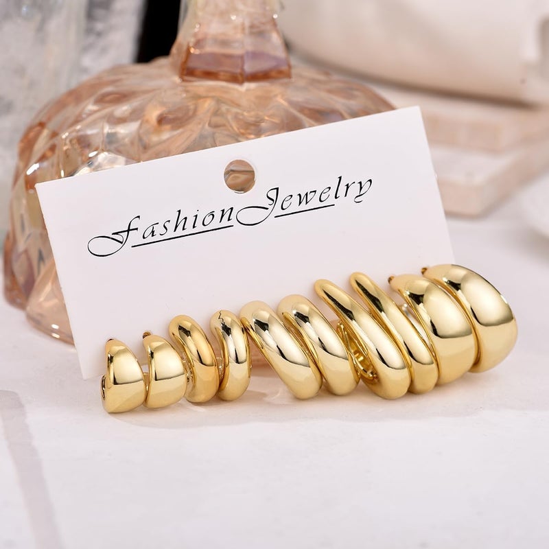 FOURPG 10 Pairs Hypoallergenic Chunky Gold Dangle Earrings for Women Trendy Thick Gold Plated Hoop Earrings Set Lightweight Jewelry - Image 2